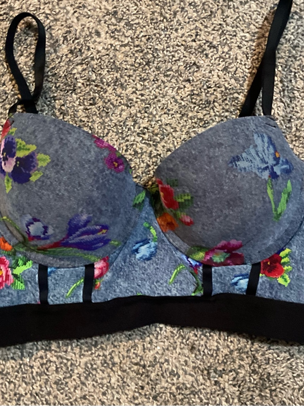 Floral Embroidered Longline Bra in Denim-Gray